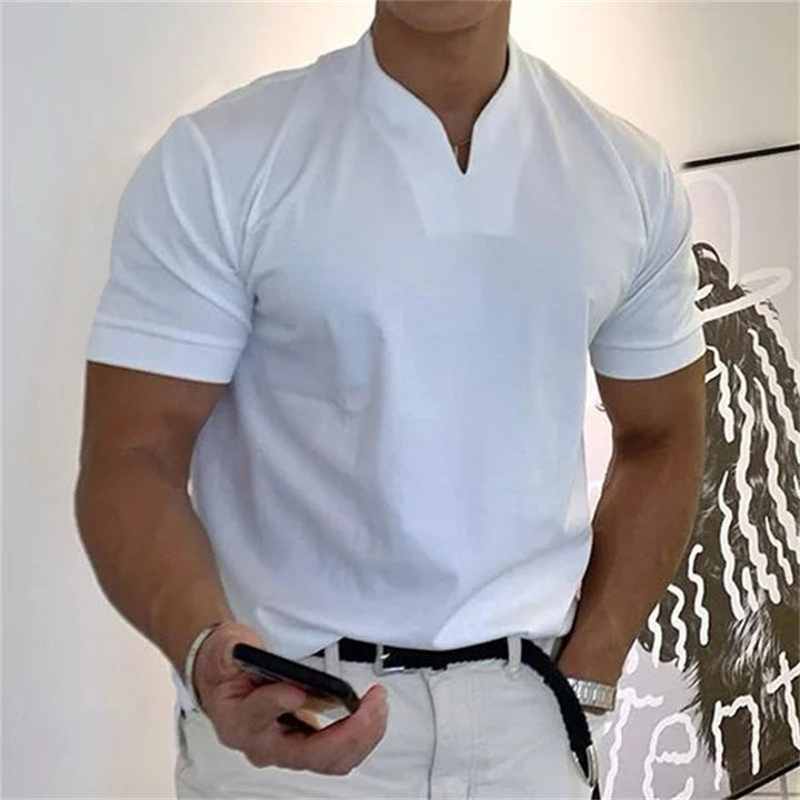 Men's breathable V-neck fitness shirt for active comfort and workouts.