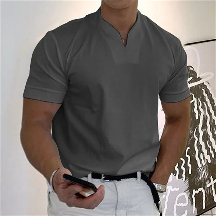 Men's fitness t-shirt, breathable V-neck design for all-season athletic comfort.