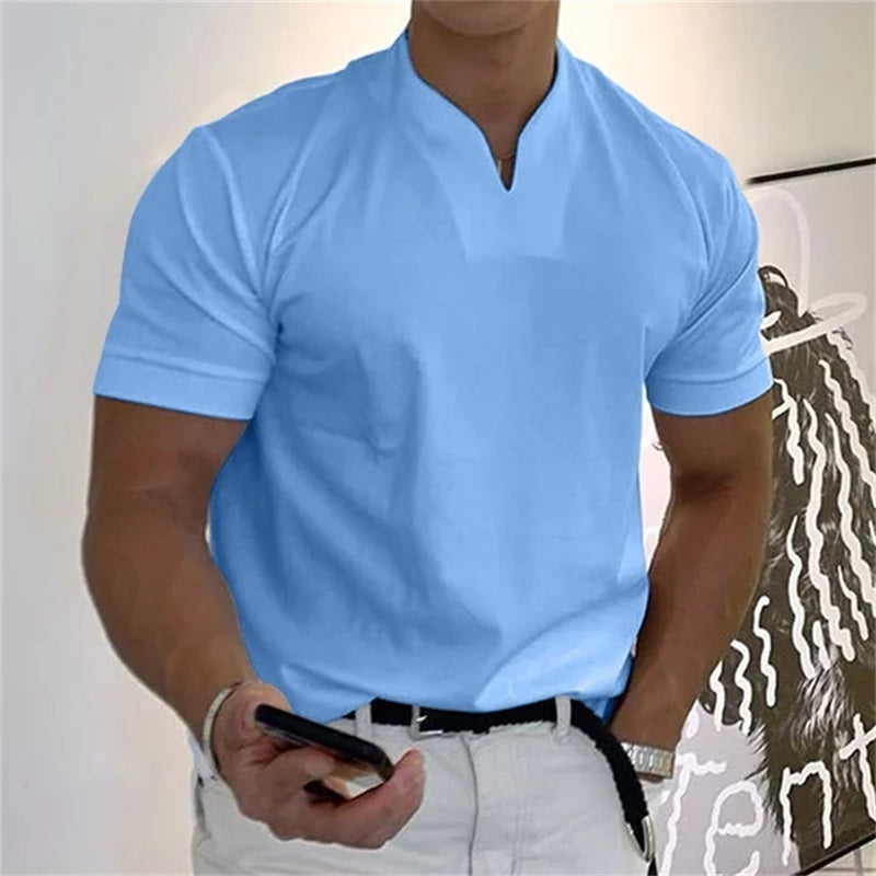 Short sleeve men's V-neck top, breathable athletic shirt for fitness.