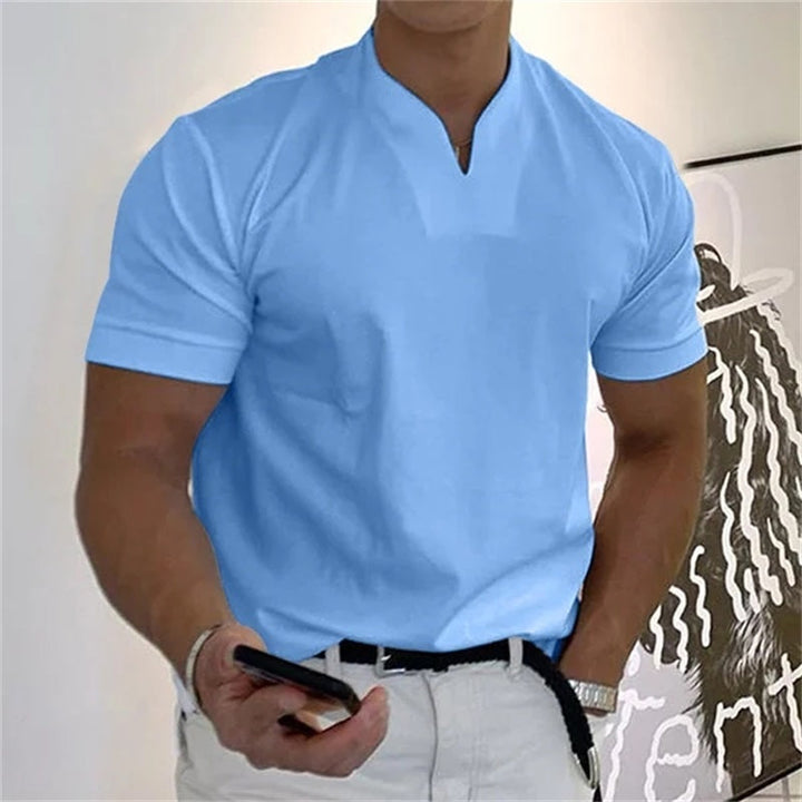 Short sleeve men's V-neck top, breathable athletic shirt for fitness.