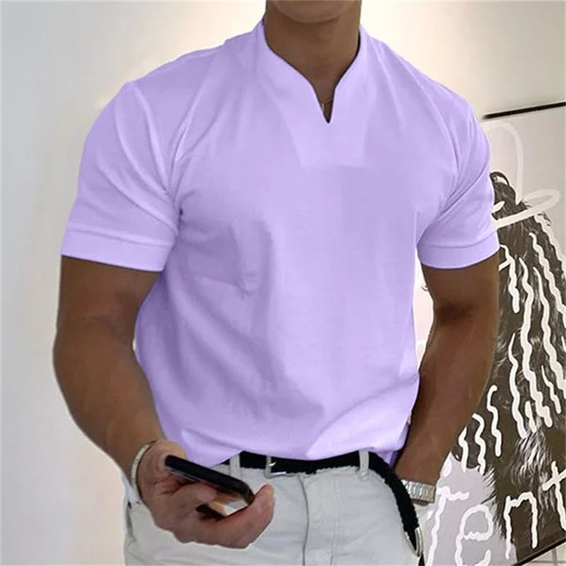 Breathable summer shirt for men, V-neck fitness top for active comfort.