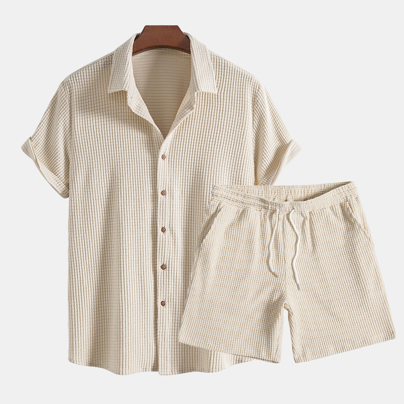 Men's breathable waffle knit lounge set, comfortable summer casual wear, perfect for relaxing.