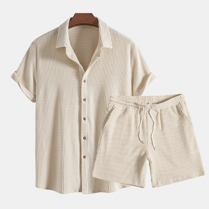 Men's breathable waffle knit lounge set, comfortable summer casual wear, perfect for relaxing.