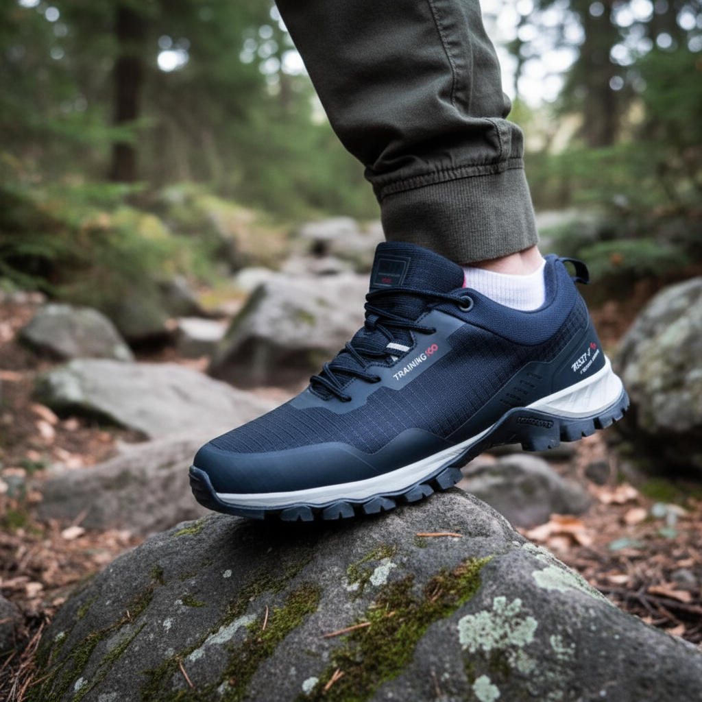 Men's breathable waterproof trail sneakers, black with blue accents, ideal for hiking and running