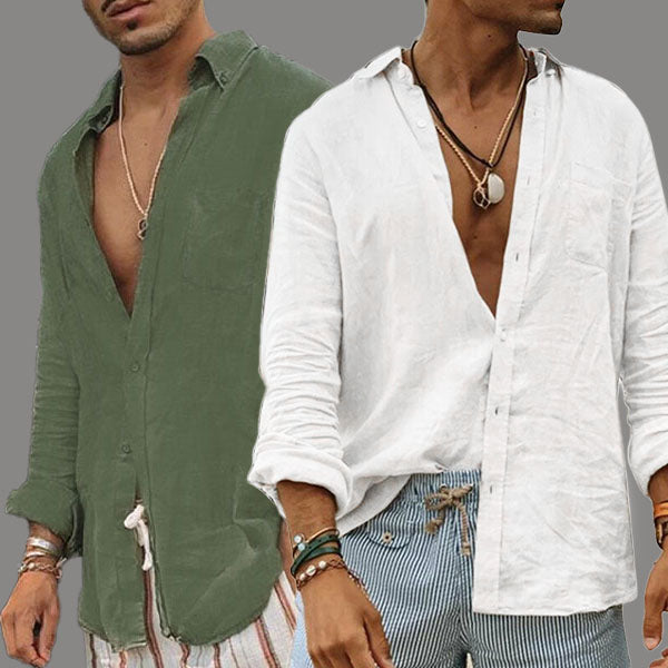 Active shot of men's breezy button-up cotton shirt, ideal for summer vacation, leisure & warm weather.