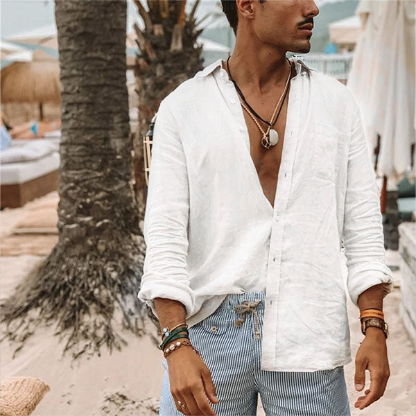Textured detail of breathable cotton men's summer shirt, perfect for everyday casual wear & comfort.