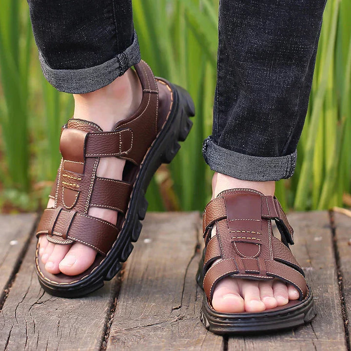 Men's brown leather orthopedic sandals for all-day comfort & foot support. Ideal summer walking shoes.
