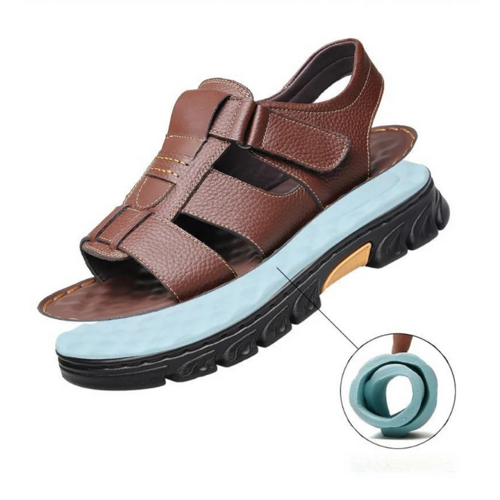 Brown men's walking sandals with orthopedic support, crafted from leather for supreme comfort.