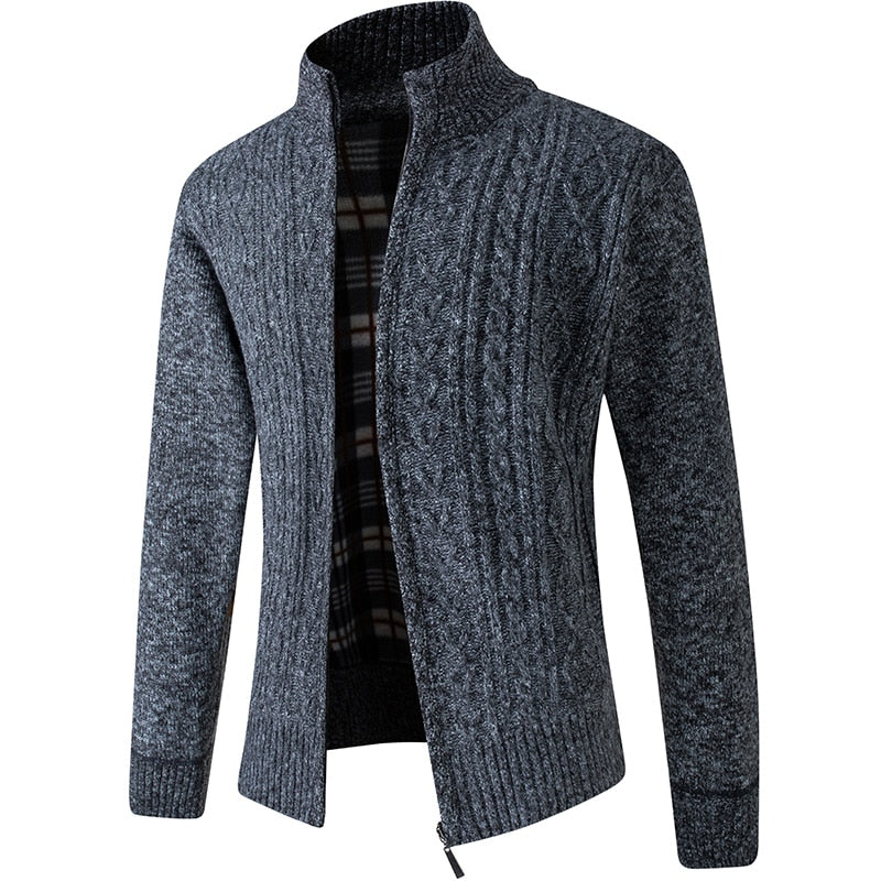 Elegant men's zipped cable knit cardigan, designed for warmth and timeless style in winter fashion.
