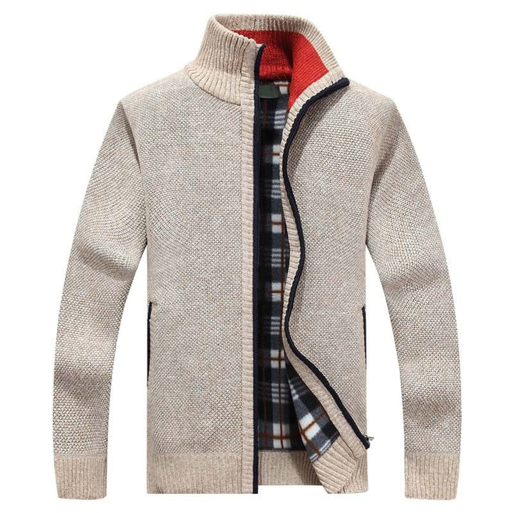 Grey men's full-zip cable knit cardigan, a soft and warm knitted sweater for casual wear.