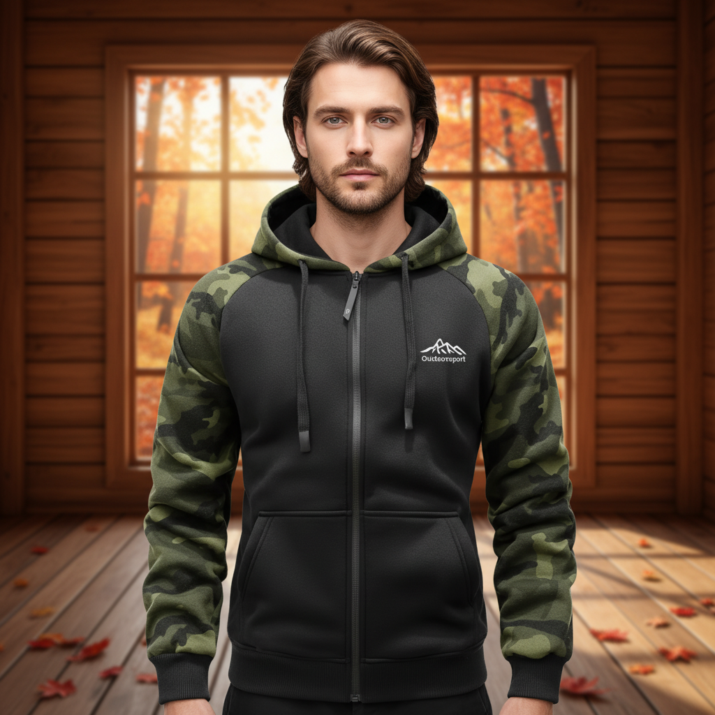 Men's camouflage fleece jacket with full zipper, ideal for outdoor winter wear.