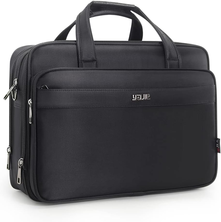 Men's canvas laptop briefcase, professional work bag with leather trim and front pockets