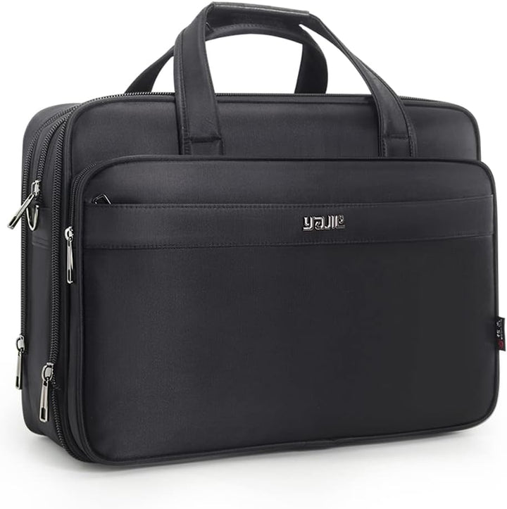 Men's canvas laptop briefcase, professional work bag with leather trim and front pockets