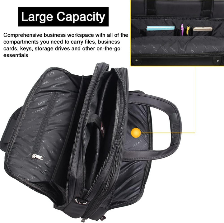 Front view of men's canvas laptop briefcase, showcasing design and storage solutions