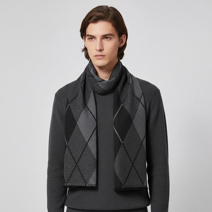 Folded men's cashmere blend checked scarf, essential winter accessory.