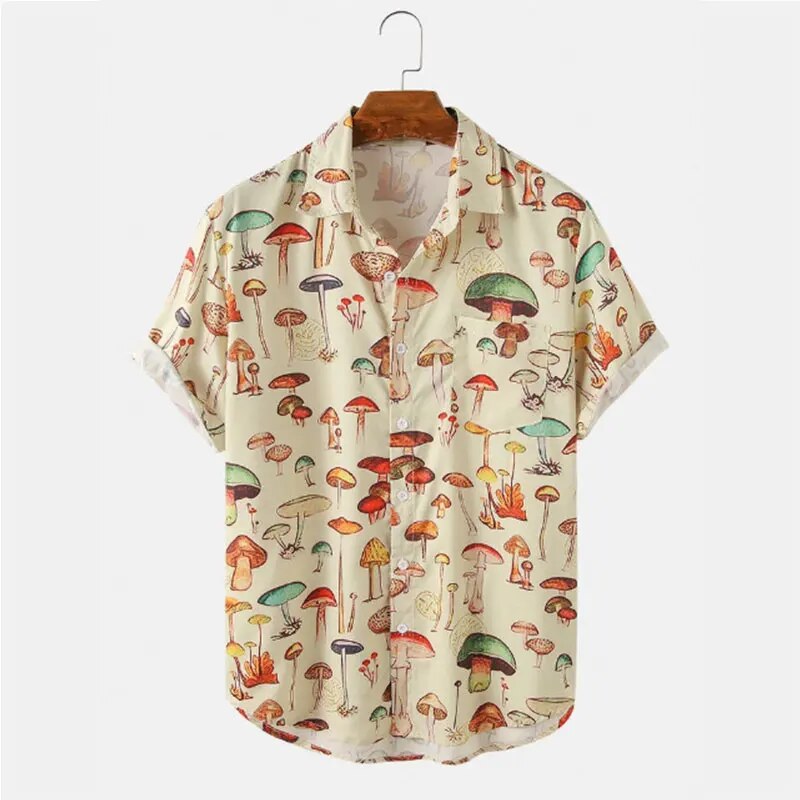 Men's casual button-up shirt with mushroom print, perfect summer beachwear