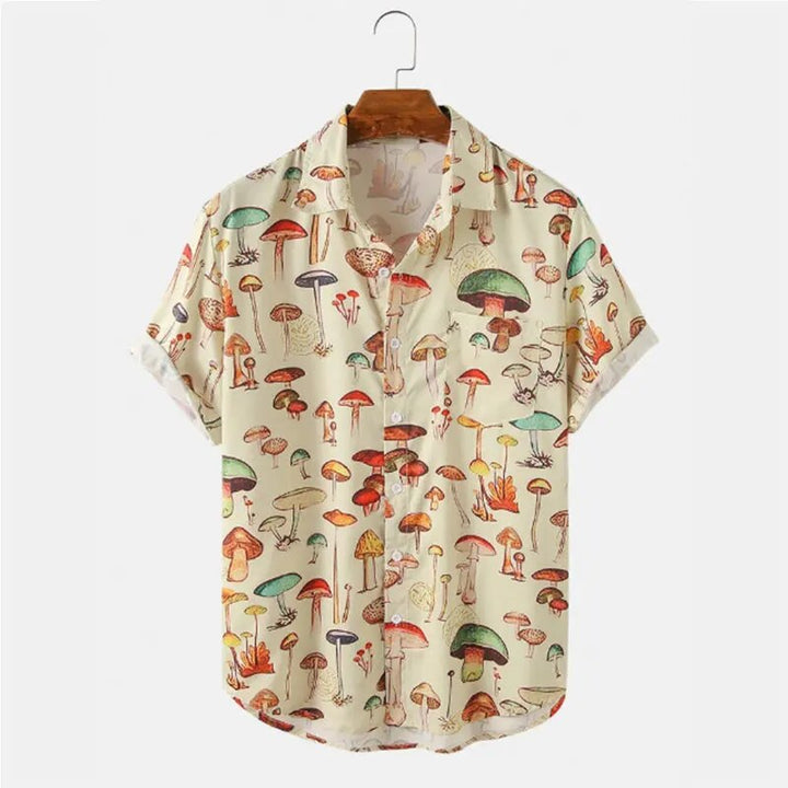 Men's casual button-up shirt with mushroom print, perfect summer beachwear