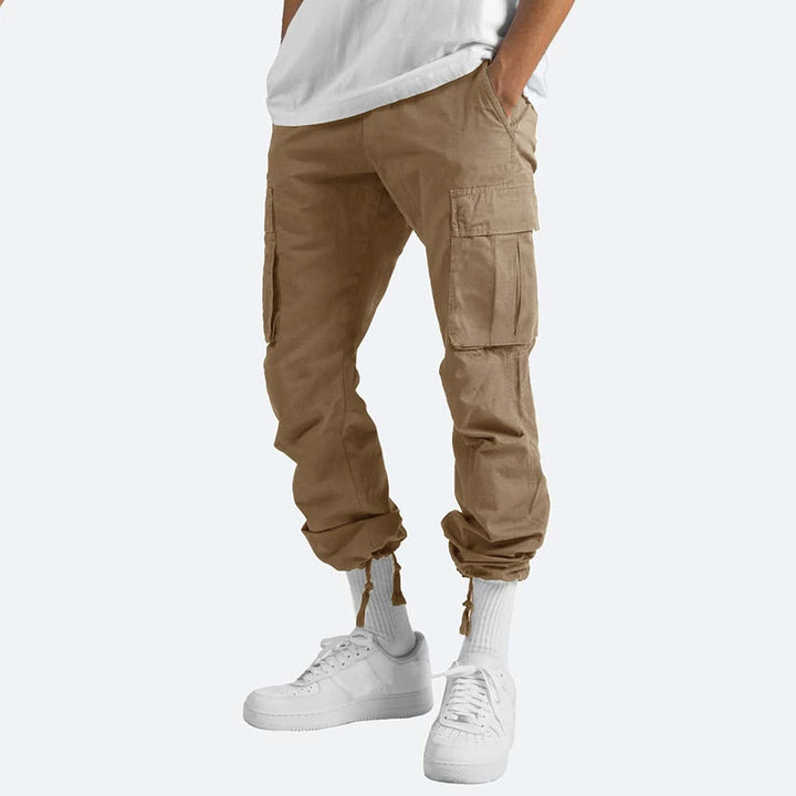 Men's apparel: relaxed fit cargo trousers, combining comfort with rugged style.