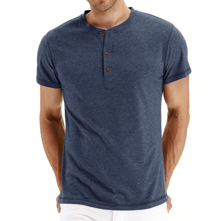 Men's casual cotton t-shirt, short sleeve, button placket, regular fit, breathable summer wear.