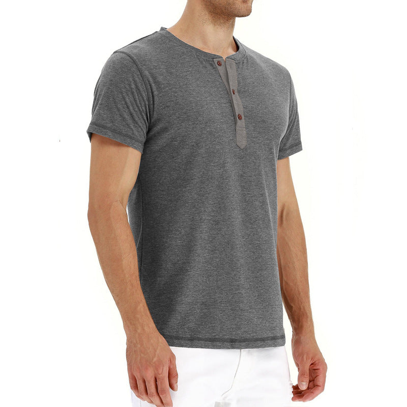 Summer-ready men's cotton t-shirt, button placket, breathable fabric, everyday wear.