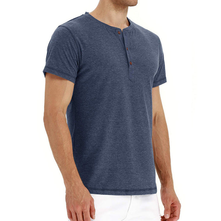 Versatile men's cotton tee, short sleeve, button placket, casual summer apparel.