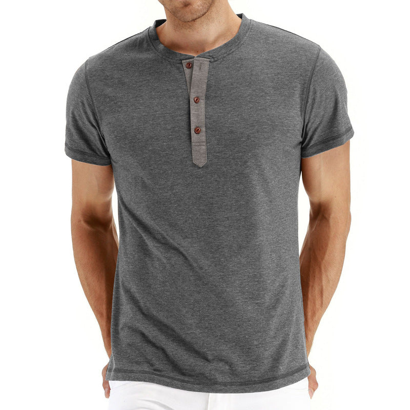 Men's everyday cotton t-shirt, button placket, regular fit, breathable for summer.