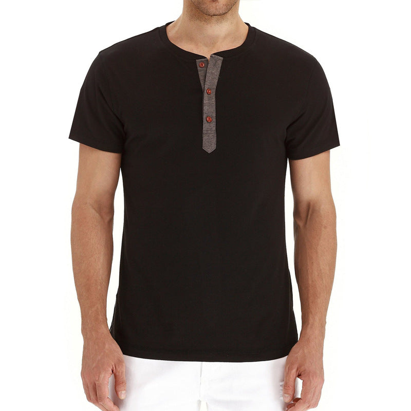 Men's breathable cotton tee, button placket detail, short sleeve, perfect for summer.