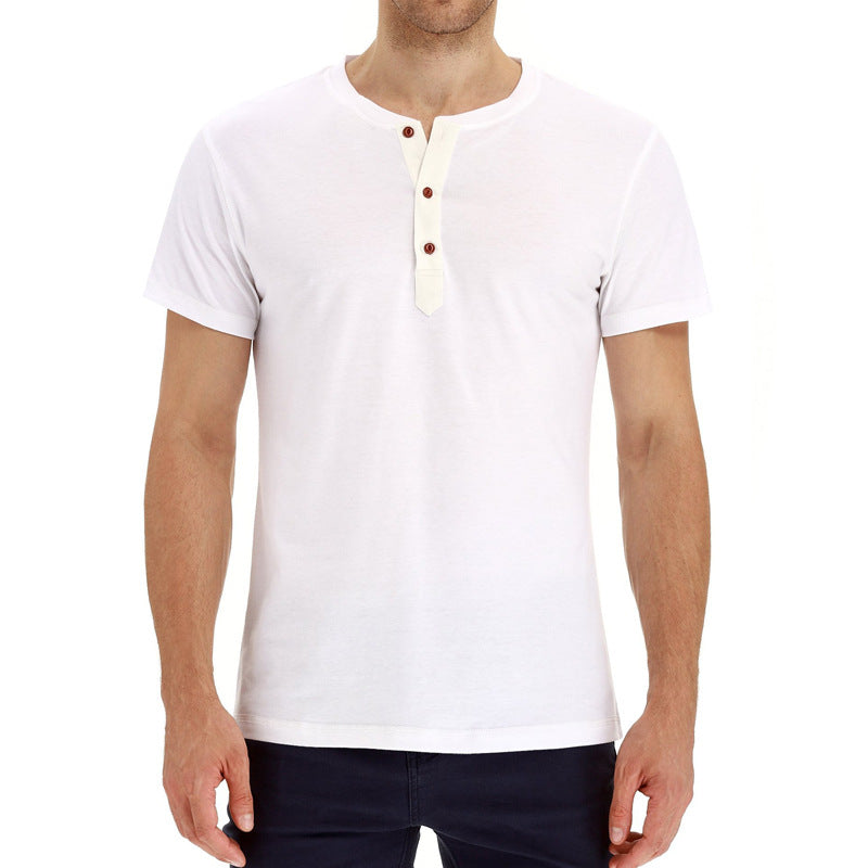 Summer men's cotton tee with button placket, perfect for casual wear, breathable fabric.