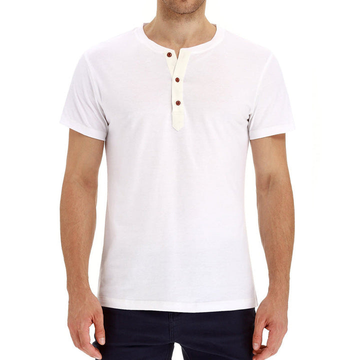 Summer men's cotton tee with button placket, perfect for casual wear, breathable fabric.