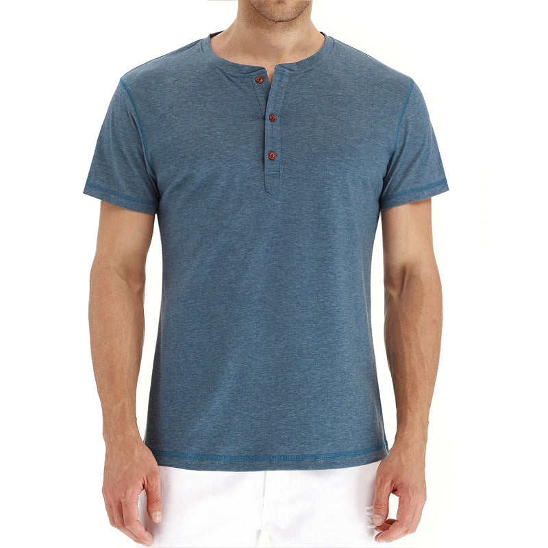 Casual men's button placket tee, cotton, breathable, short sleeve, great for summer.