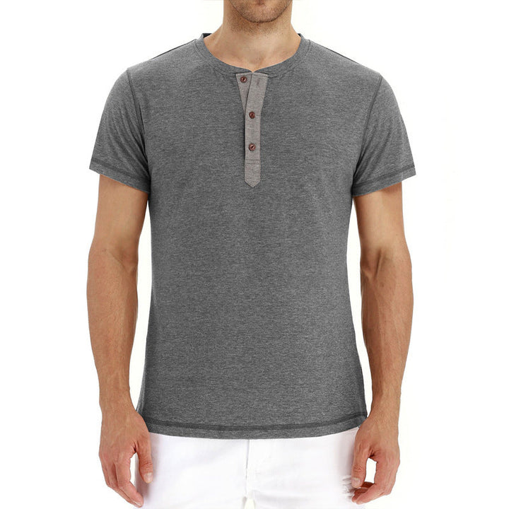 Men's summer casual tee, cotton fabric, button placket, short sleeves, comfy apparel.