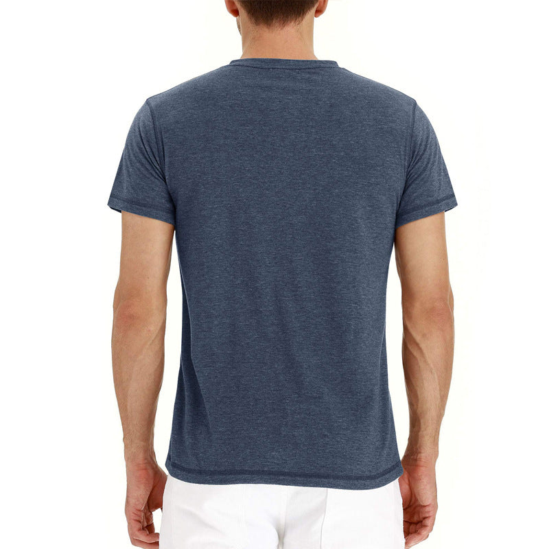 Men's short sleeve cotton tee, button placket, breathable fabric, ideal for summer days.