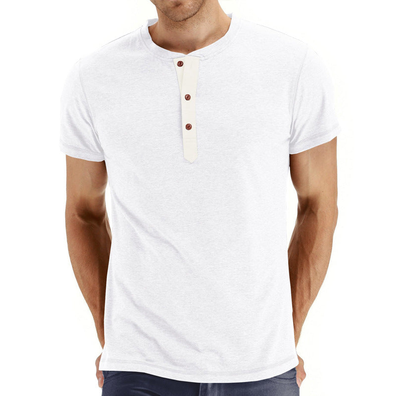 Relaxed fit men's cotton tee, short sleeve, button placket, perfect for summer outings.