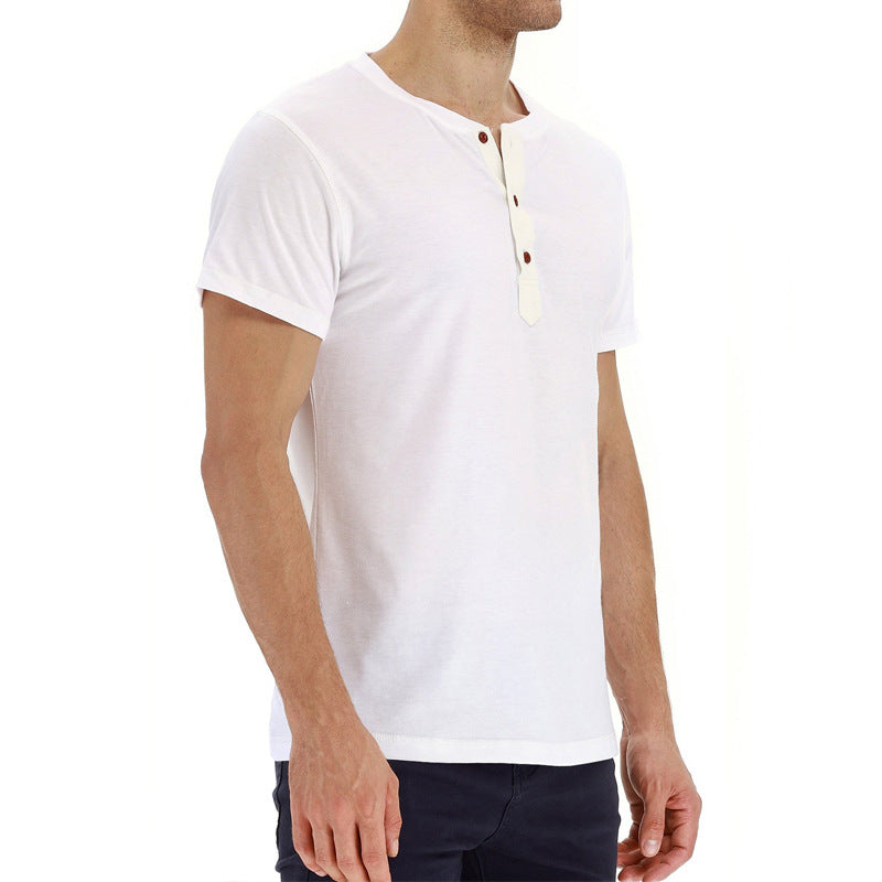 Men's versatile casual t-shirt, cotton, button placket, breathable for summer adventures.