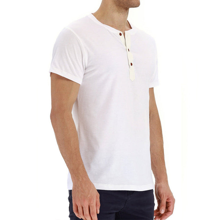 Men's versatile casual t-shirt, cotton, button placket, breathable for summer adventures.