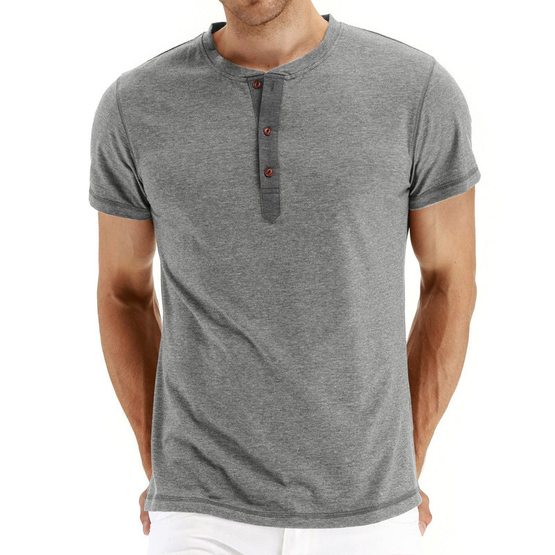 Short sleeve men's t-shirt, 100% cotton, button placket, ideal for summer, casual fit.