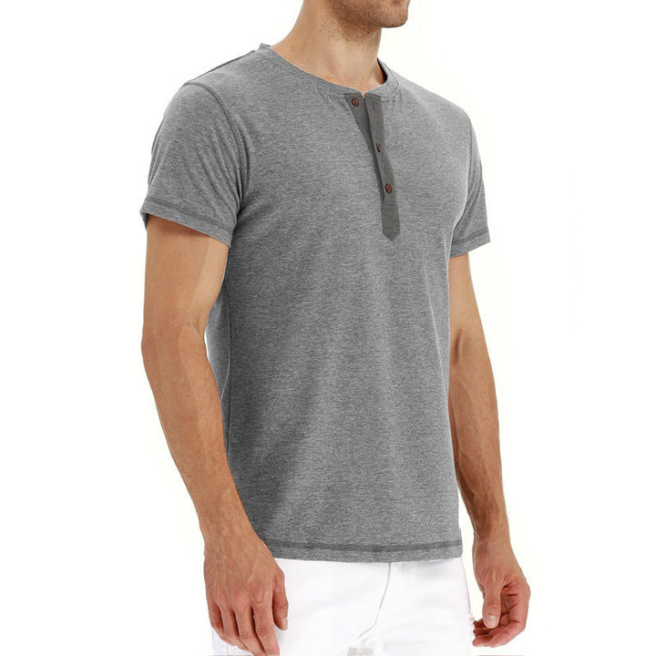 Breathable men's cotton tee, casual style, button placket, comfortable summer apparel.