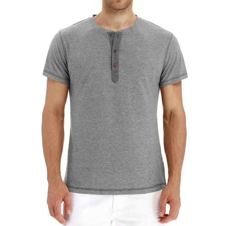 Regular fit men's t-shirt, cotton, short sleeves, button placket, essential summer wear.