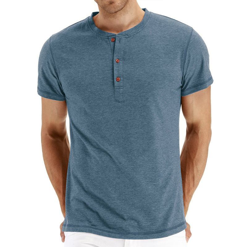 Casual men's cotton shirt, button placket, short sleeve, breathable for summer comfort.