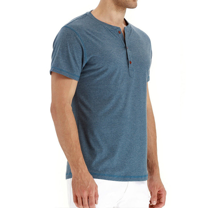 Men's summer tee, cotton, button placket, regular fit, versatile casual apparel.