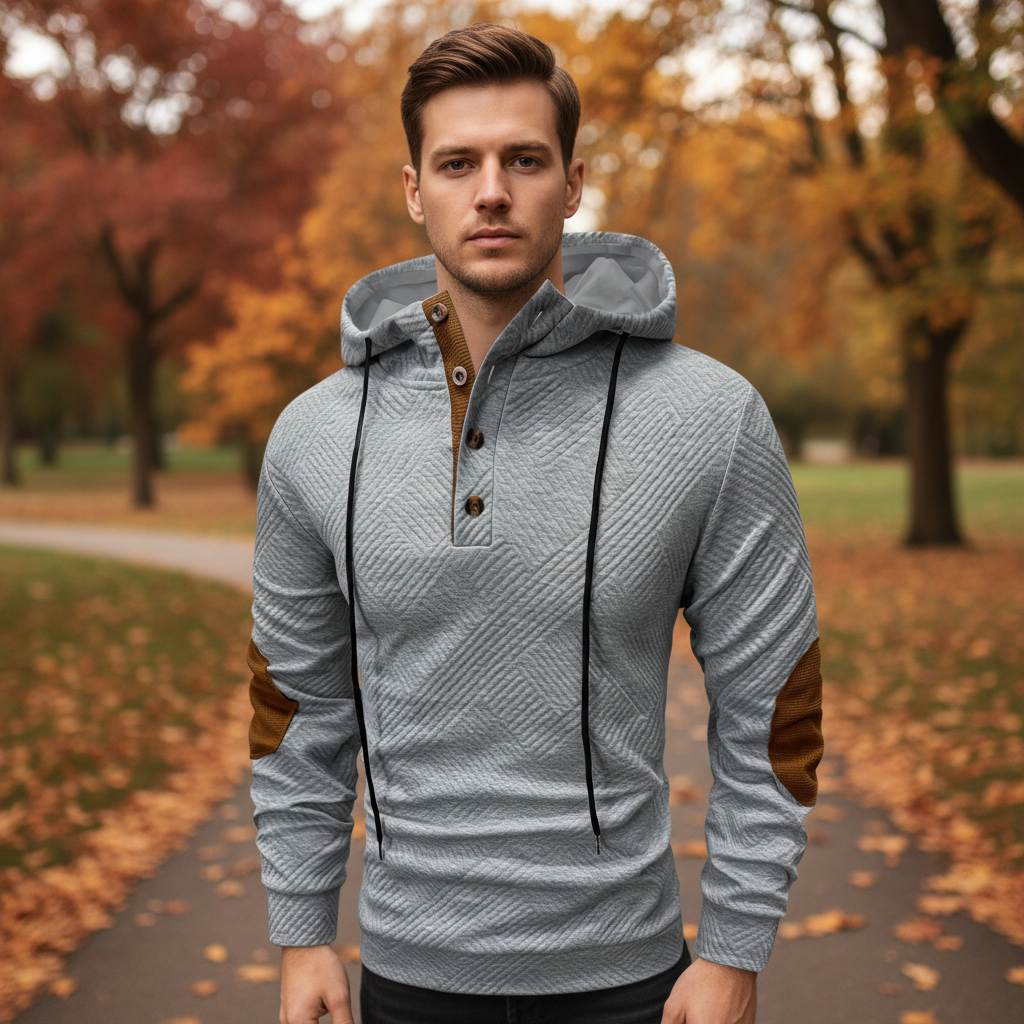 Men's casual fleece hoodie with half-button placket, perfect for autumn comfort