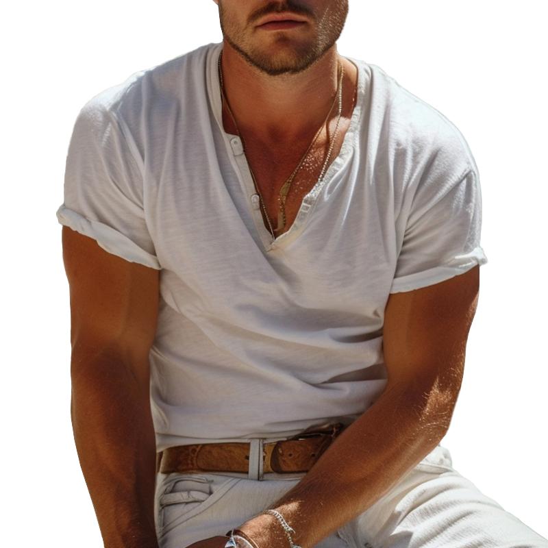 Men's casual henley collar short sleeve t-shirt in cotton blend for summer everyday wear
