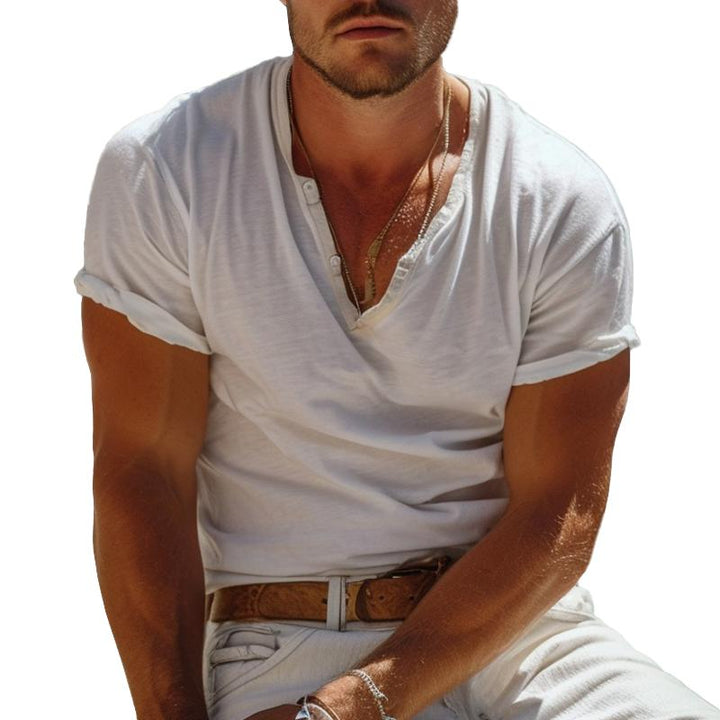 Men's casual henley collar short sleeve t-shirt in cotton blend for summer everyday wear
