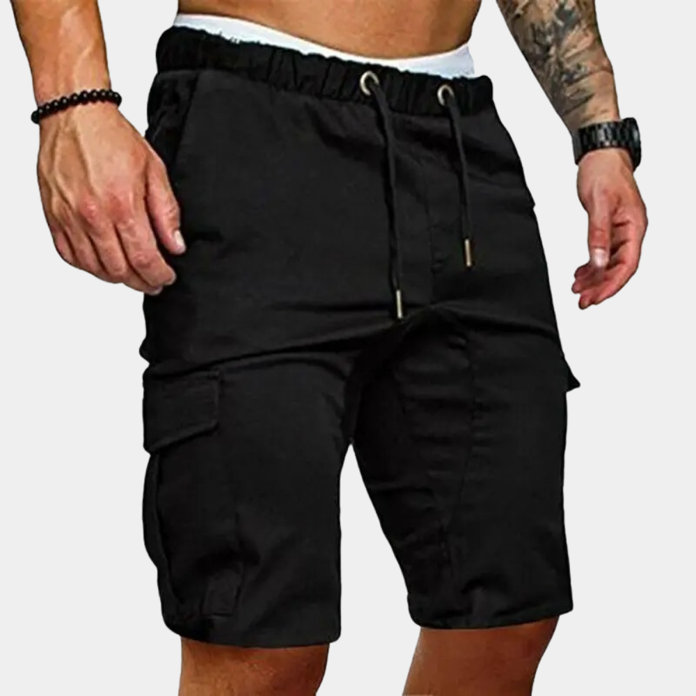 Men's casual khaki lounge shorts, elastic waist, cotton blend, side pockets for summer comfort