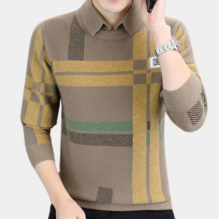 Versatile men's khaki knit sweater. Stylish long-sleeve pullover offers everyday comfort & timeless fashion.