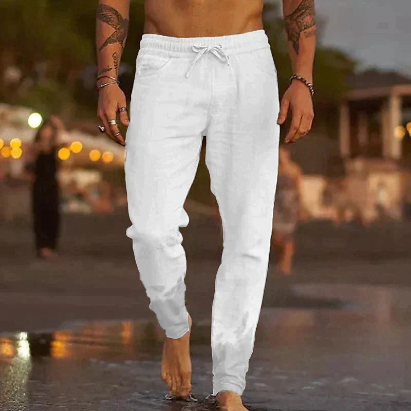 Versatile Luca men's linen pants, ideal for a relaxed summer look, beach days, or comfortable daily wear.