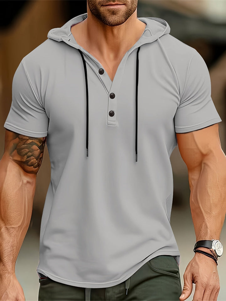 Men's casual button-up short sleeve hoodie t-shirt, excellent for sporty summer outfits