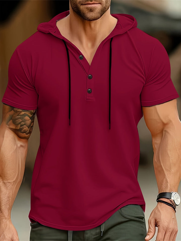 Stylish men's casual hooded shirt, short sleeves and button-front design, modern look