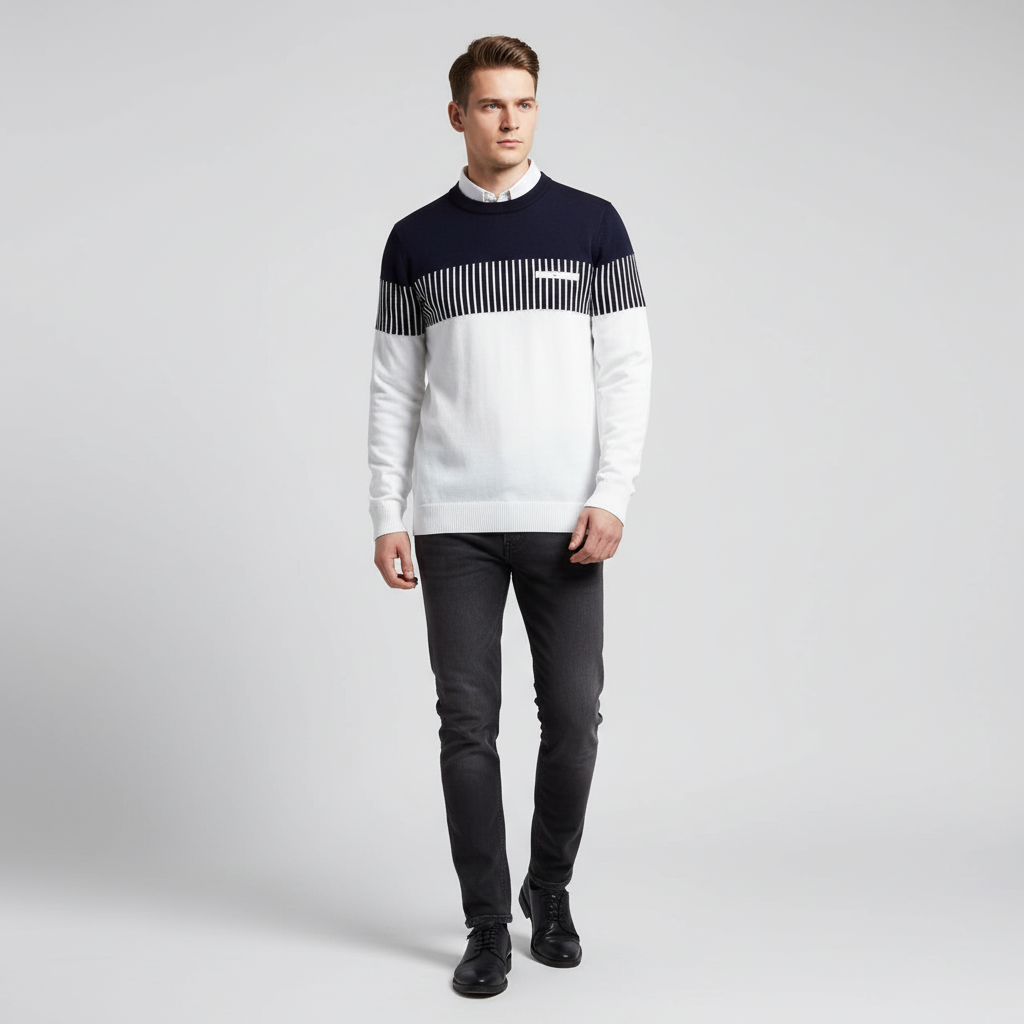 Men's casual long sleeve striped sweater with bold color block design, round neck