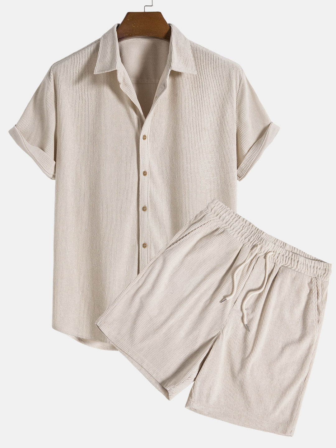 Men's casual striped polyester summer shirt & shorts set. Perfect two-piece beach vacation outfit.